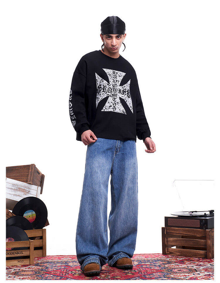 F3F Select Vintage Cross Print Waffle Long Sleeve Tee
