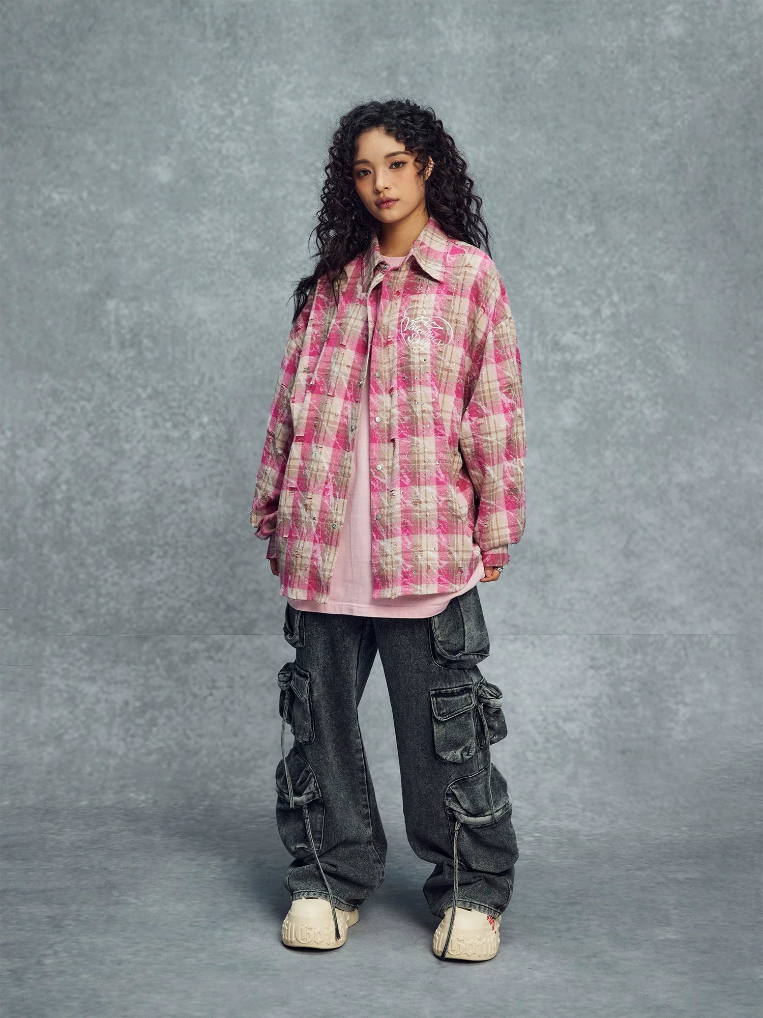 1807 Heart & Rhinestone Plaid Long Sleeve Shirt