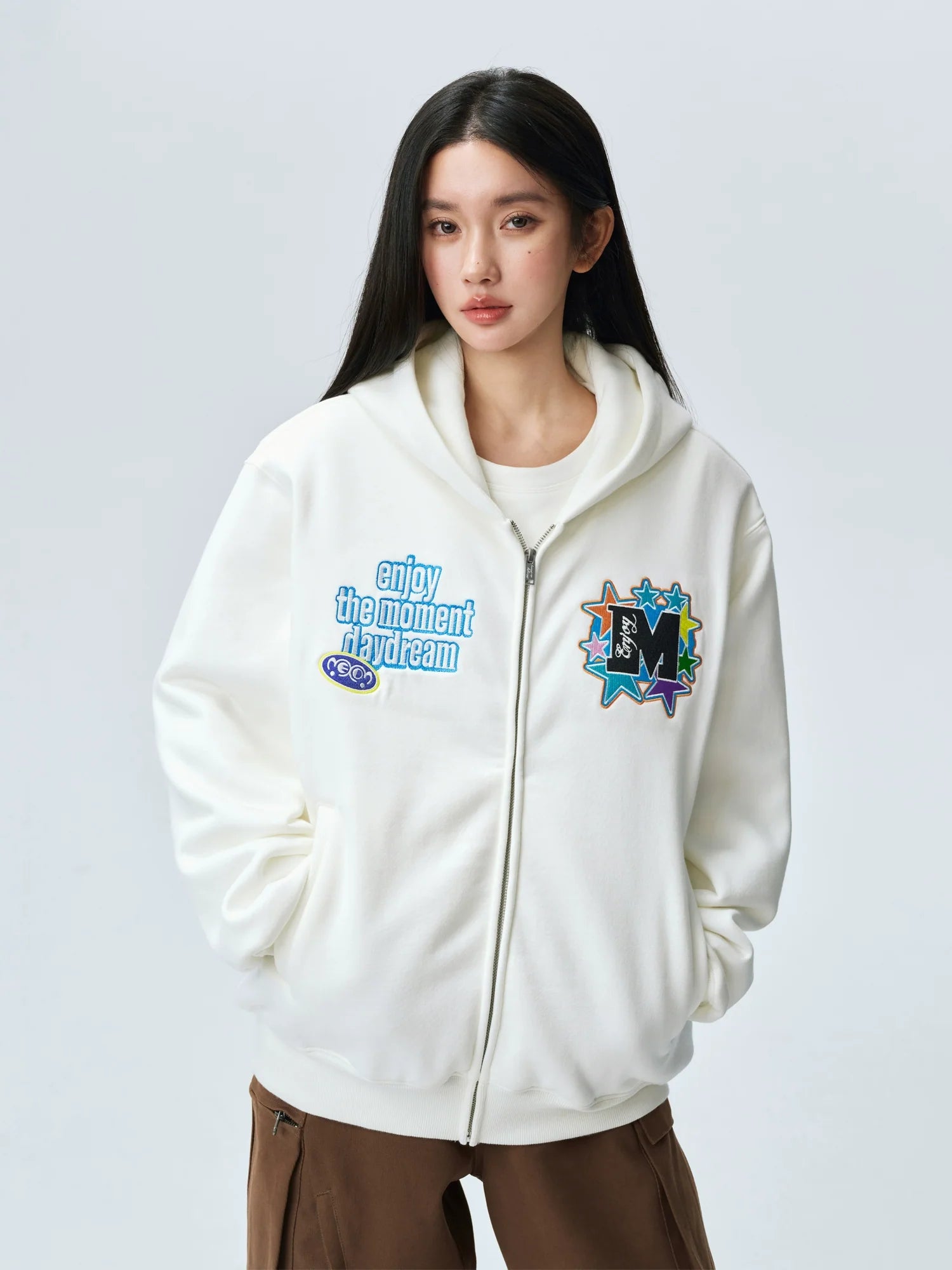 MEDM Blooming Star Embroidered Zip-Up Hoodie