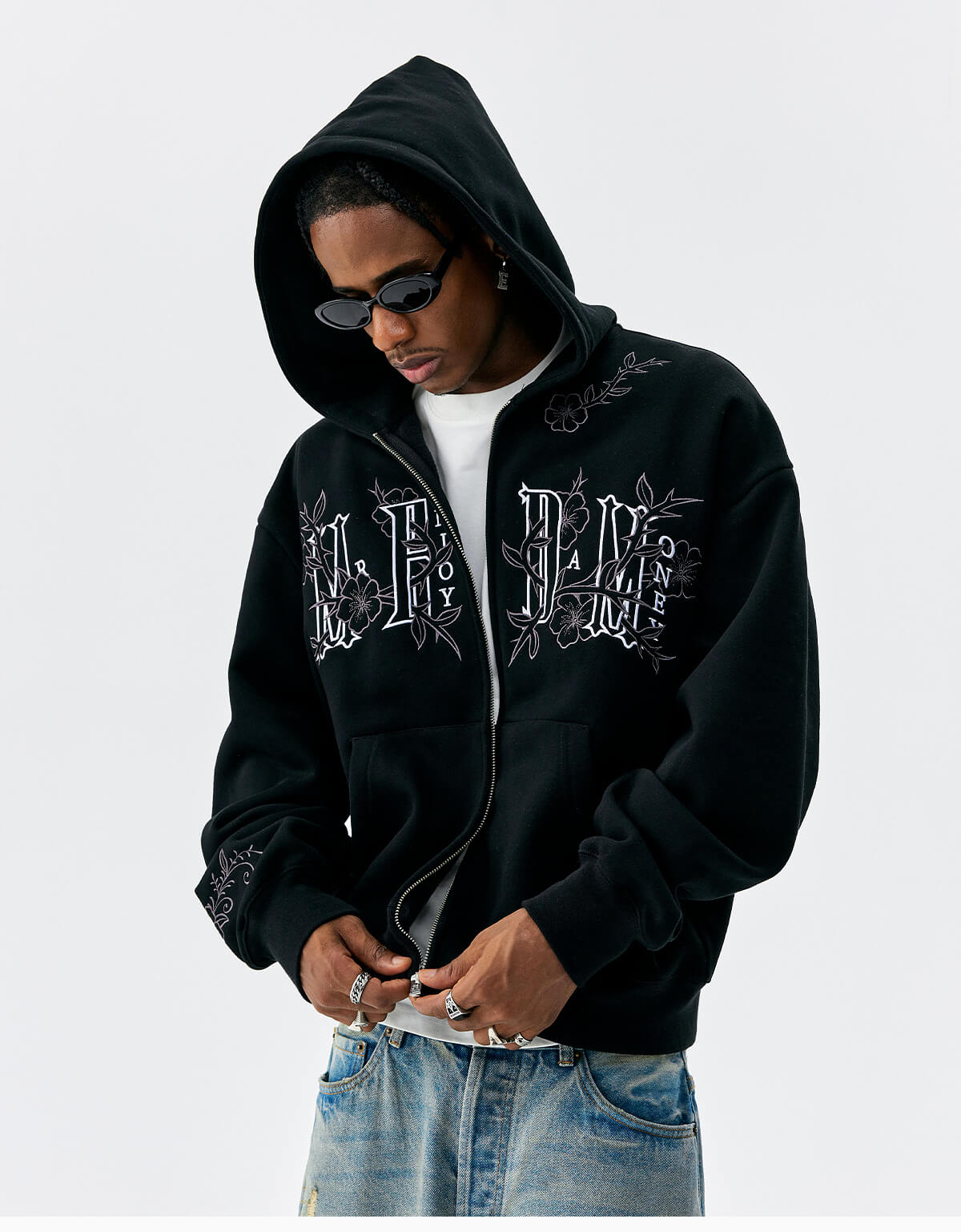 MEDM Flower Embroidered Zip Up Hoodie