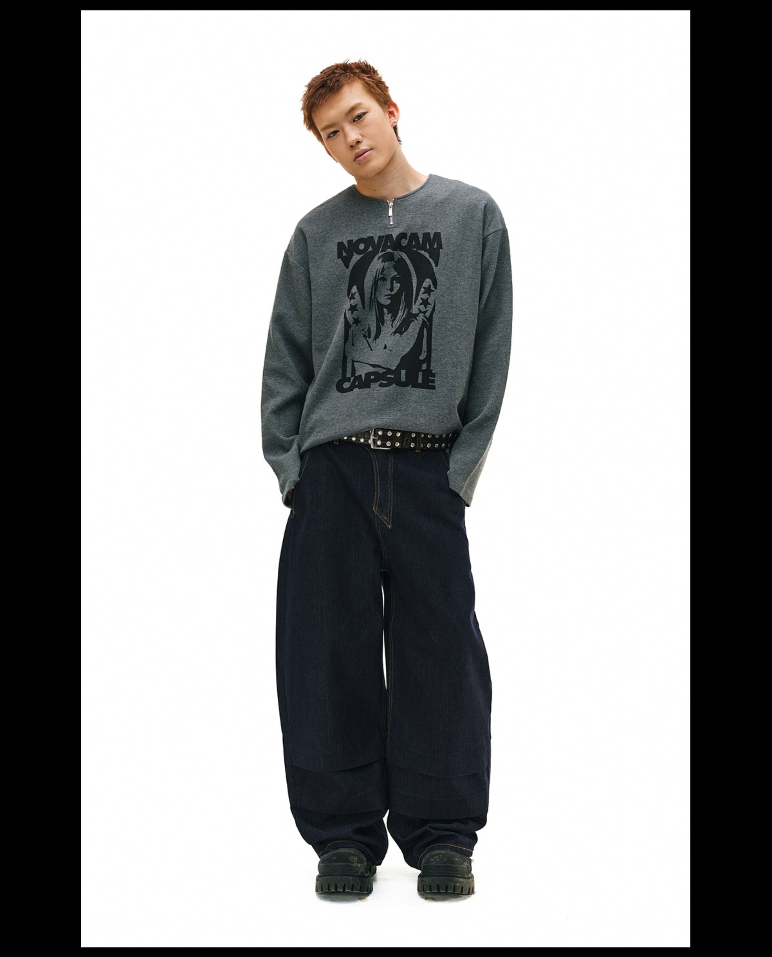 NOVACAM Waffle Vintage Print Zip Long Sleeve Tee