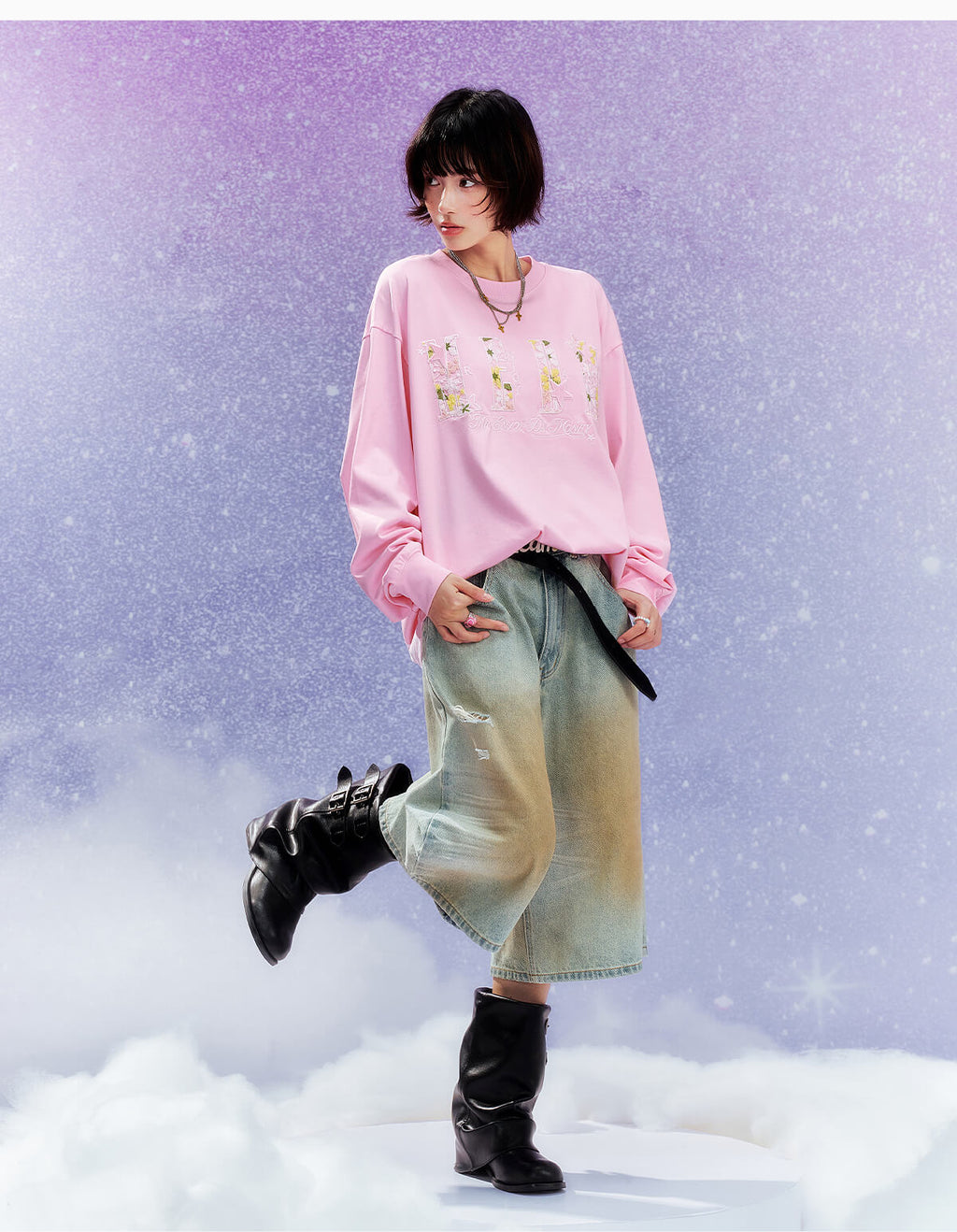 MEDM Flower Star Logo Embroidered Long Sleeve Tee