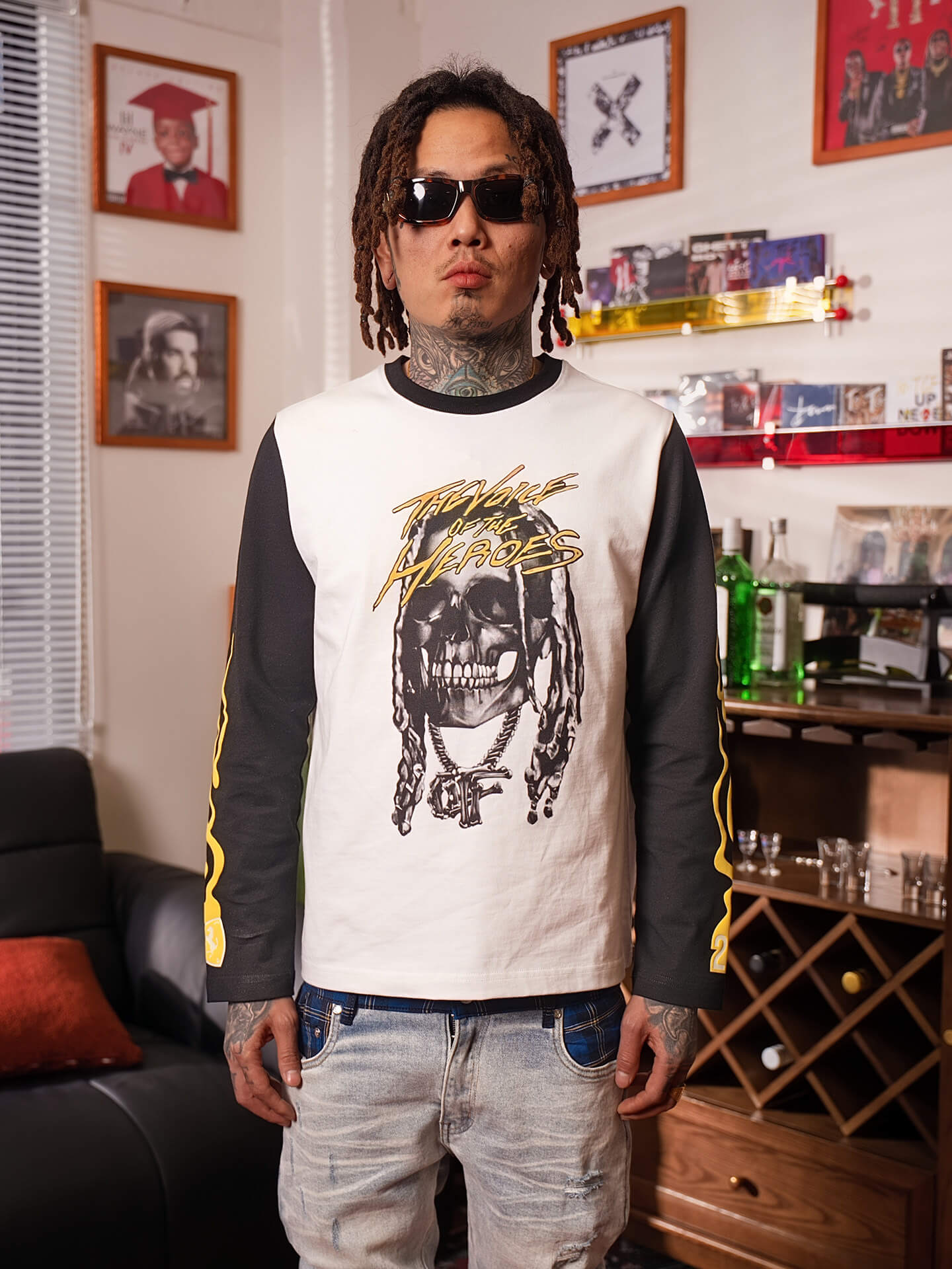 TGFCLUB Skull Print Color Block Slim Fit Long Sleeve Tee
