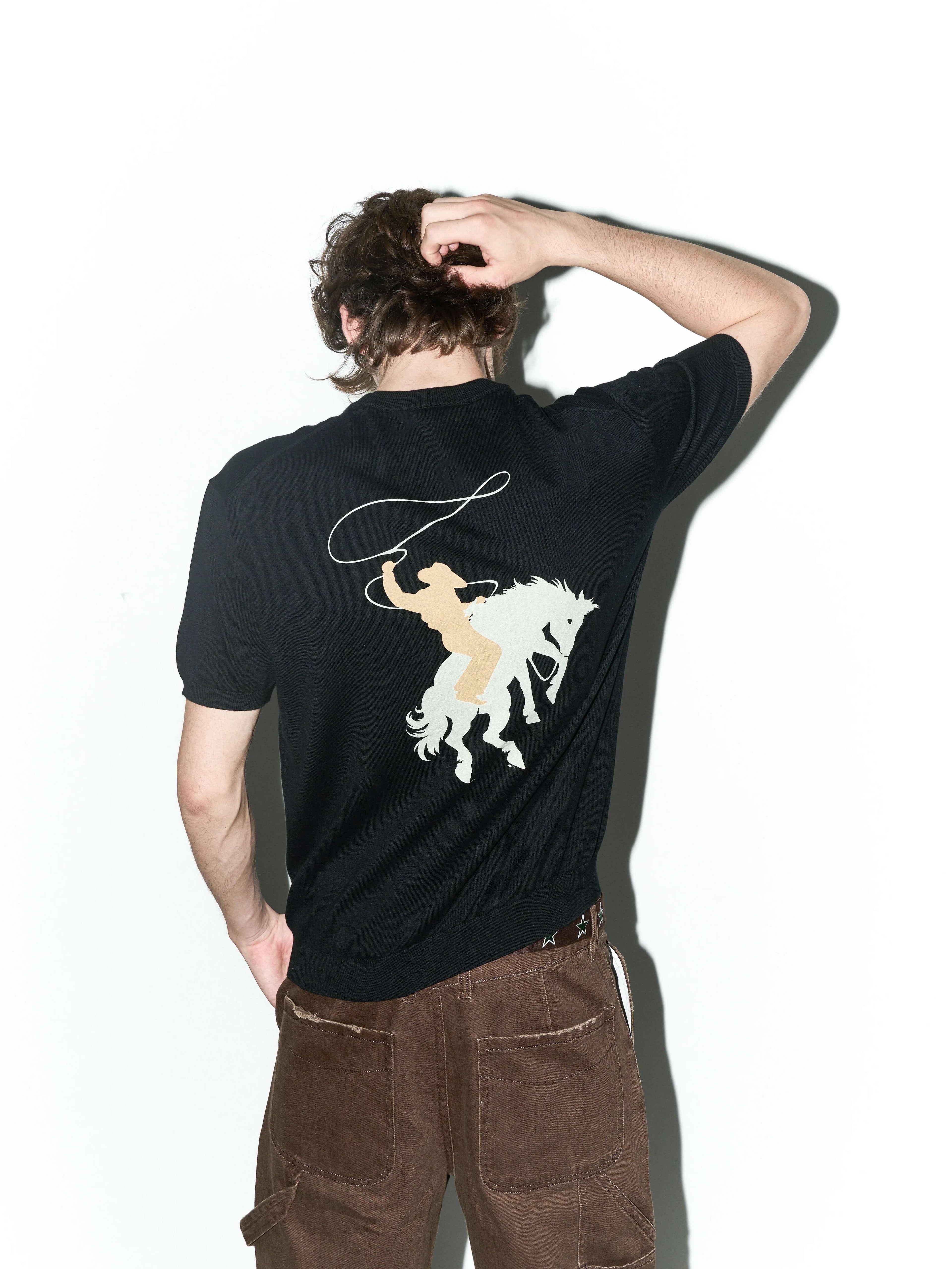 LIBERAFIT Star Cowboy Print Cotton Knit Ribbed Trim Short Sleeve Tee
