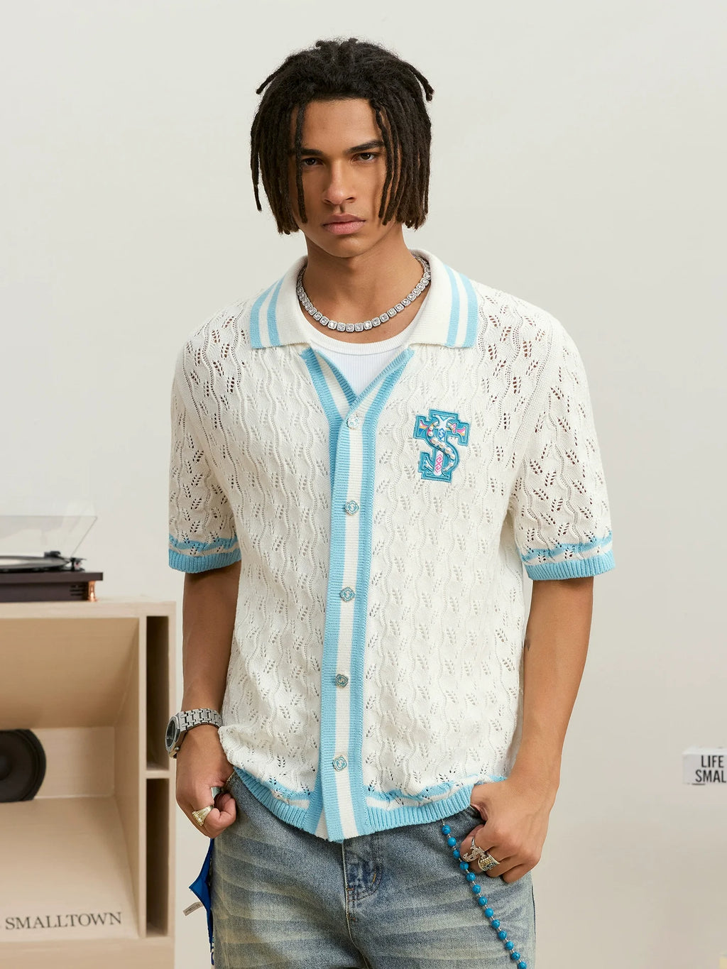 Small Town Kid Ethnic Logo Patch Crochet Knit Hawaiian Shirt