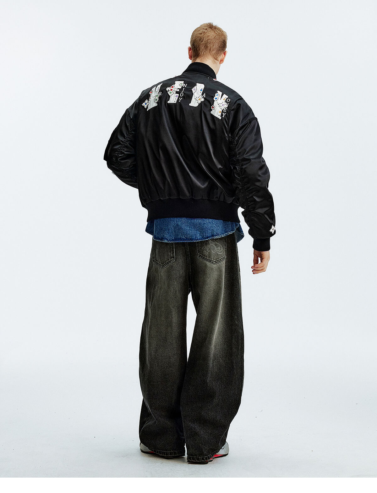 MEDM Gemstone Studded Leather Patch MA-1 Bomber Jacket