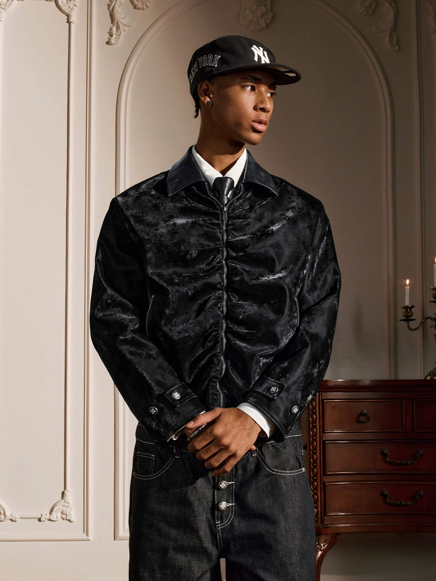 YADcrew Pleated Front Velvet PU Leather Jacket