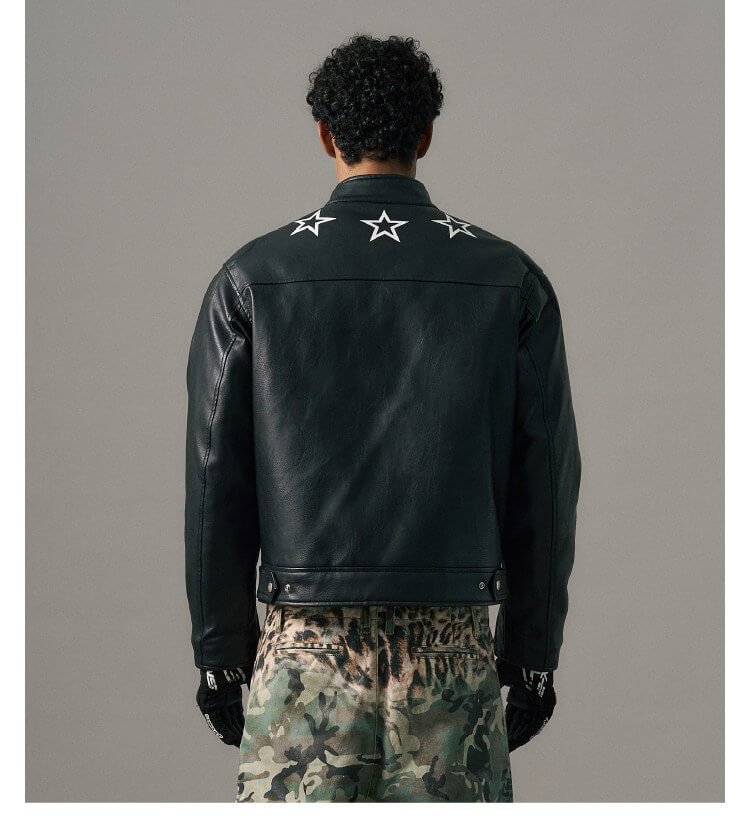 S45 Star Print PU Leather Leopard Lined Biker Jacket