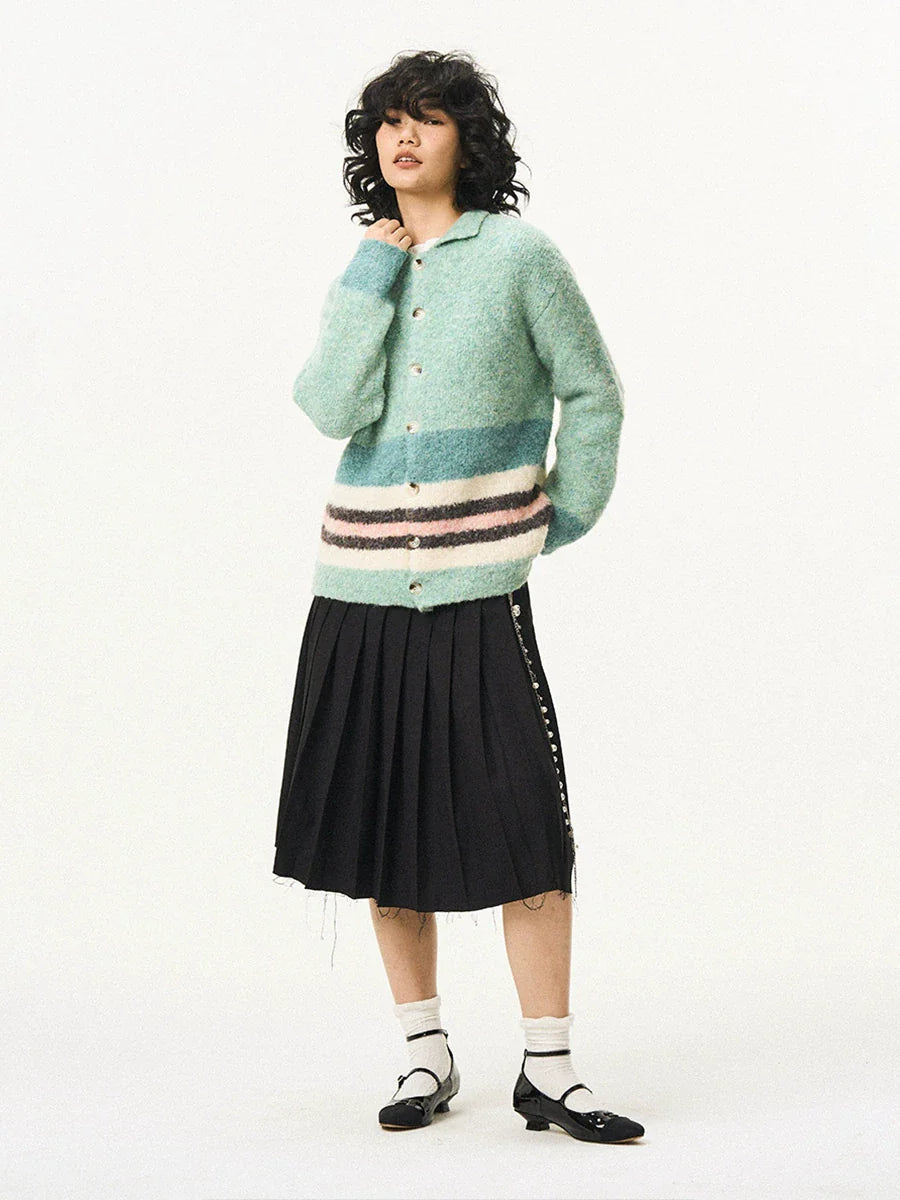 EMPTY REFERENCE Green Striped Wool Knit Cardigan