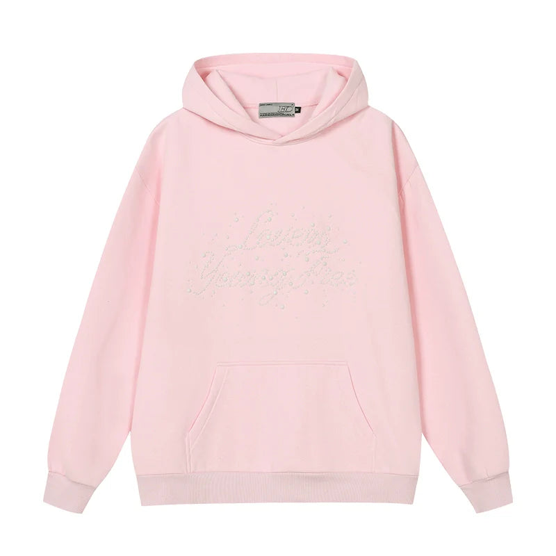 Harsh and Cruel Handwritten Font Pearl Embellished Crafted Hoodie