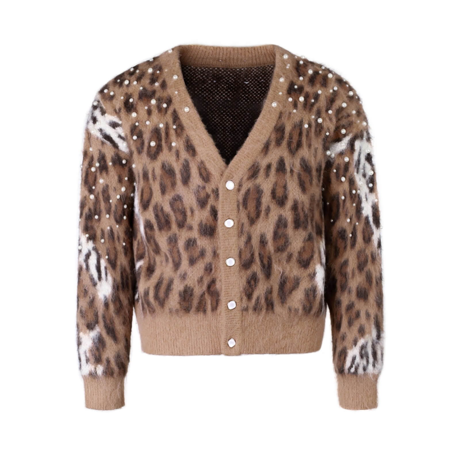 S45 Pearl Studded Leopard Knit Cardigan