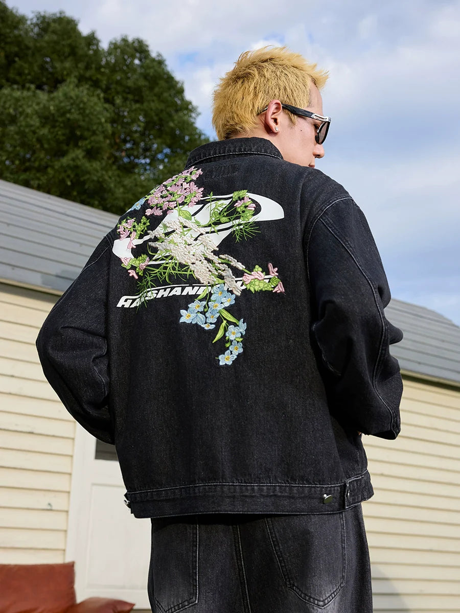 Harsh and Cruel Floral Embroidered Washed Denim Jacket