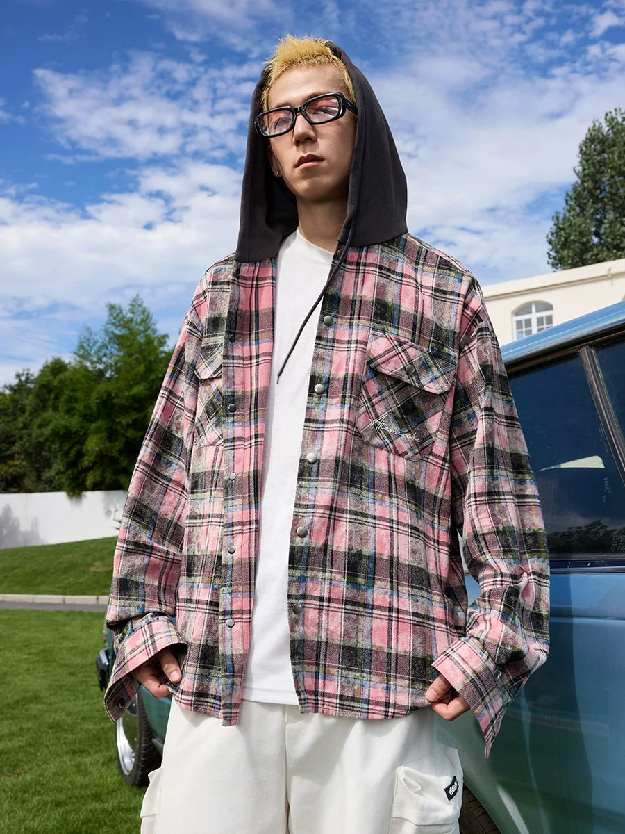 Harsh and Cruel Handwritten Font Hooded Washed Plaid Shirt
