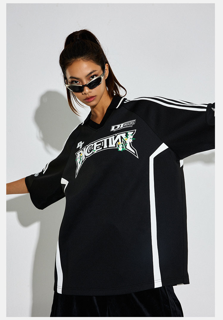 DICETINY Floral Logo Print Soccer Jersey Polo Shirt