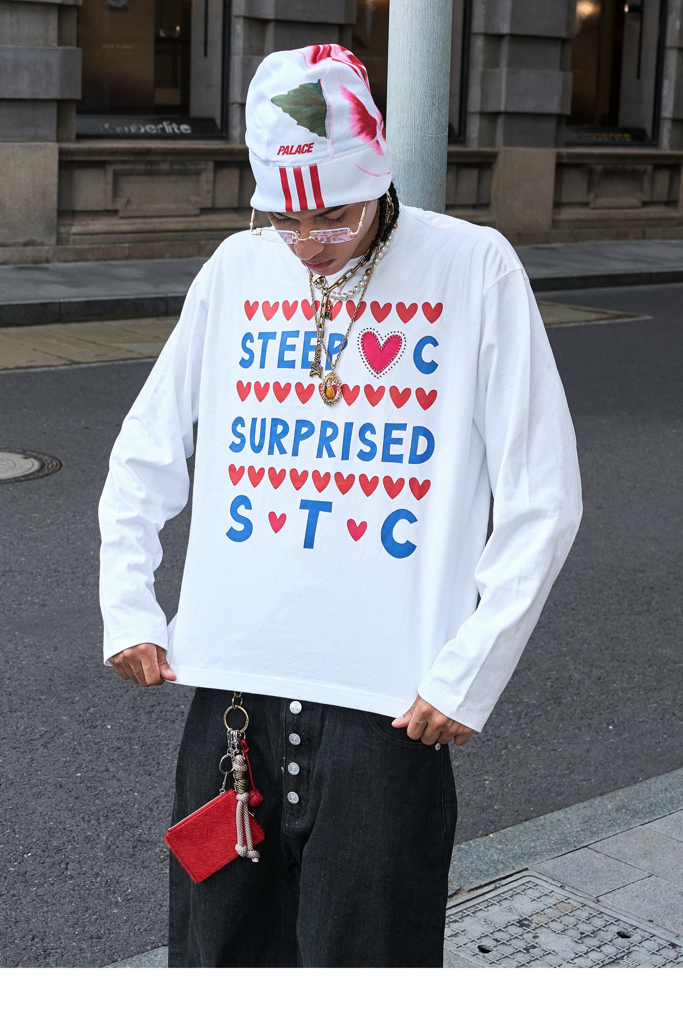 STEEPC Hand Stitched Heart Print Long Sleeve Tee