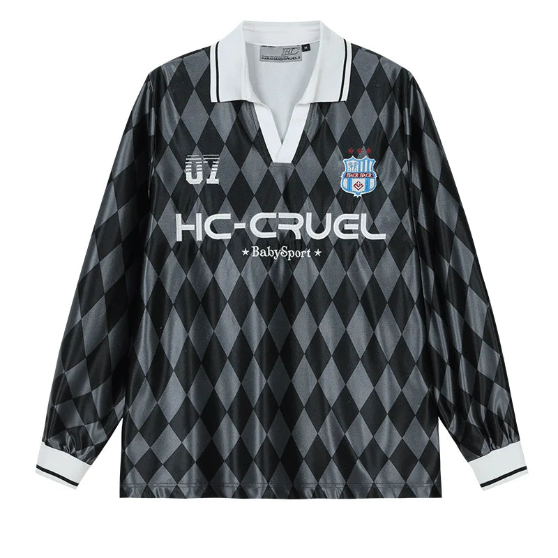 Harsh and Cruel Badge Embroidered Plaid Long Sleeve Polo Jersey