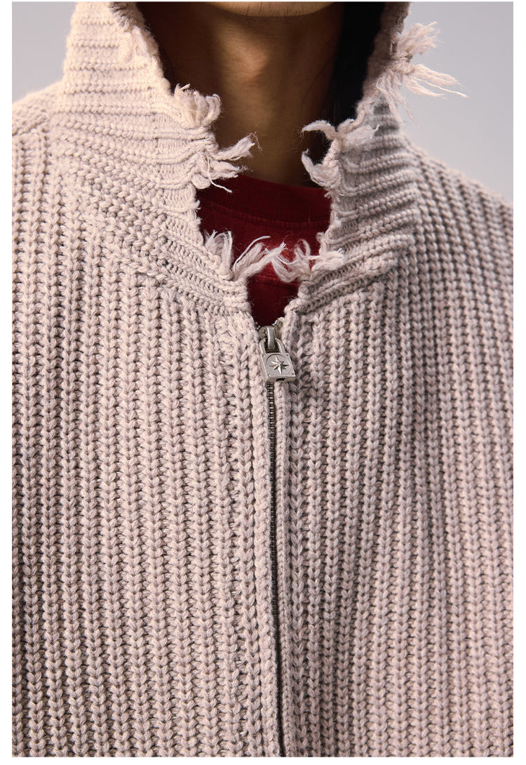 Remedy Distressed Hooded Zipper Knit Cardigan