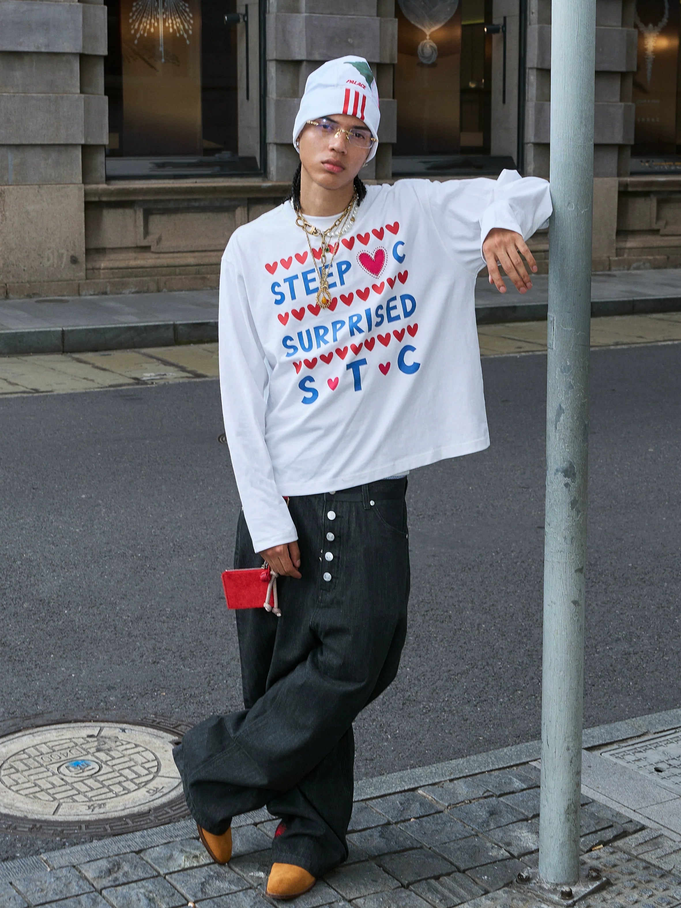 STEEPC Hand Stitched Heart Print Long Sleeve Tee
