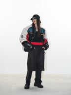 BLIND NO PLAN Colorblocked Embroidered Racing Leather Jacket