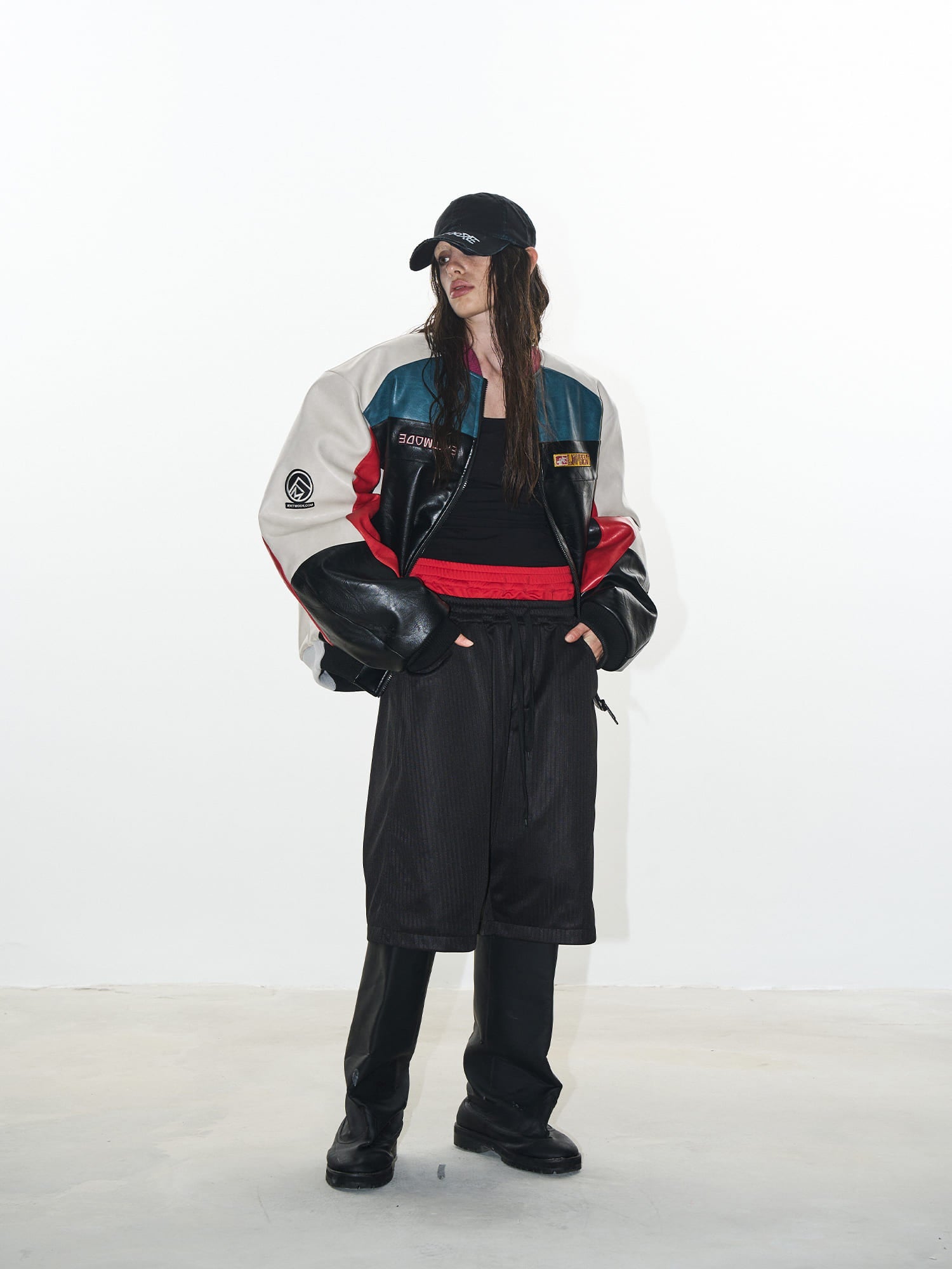BLIND NO PLAN Colorblocked Embroidered Racing Leather Jacket