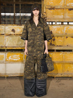 BLIND NO PLAN Camouflage Raw Edge Patchwork Leather Shirt