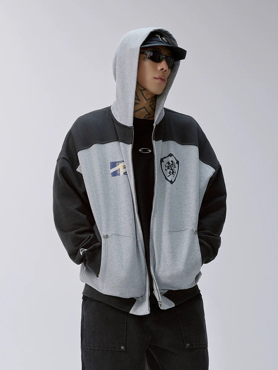 F2CE Color Block Vintage Print Zip Up Hoodie