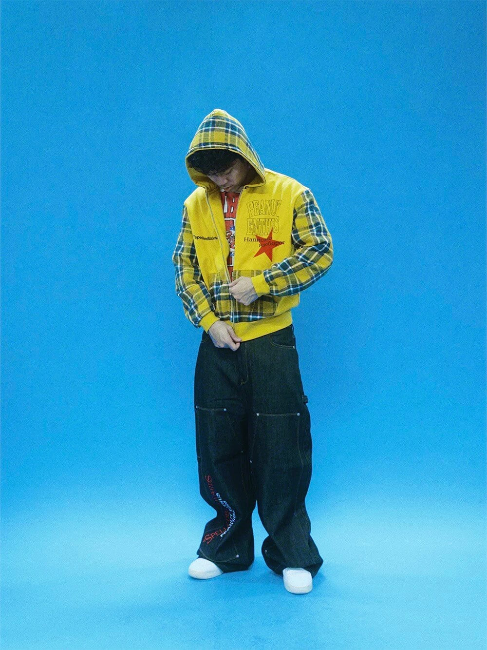 EVETS Contrast Plaid Patchwork Zip Up Hoodie