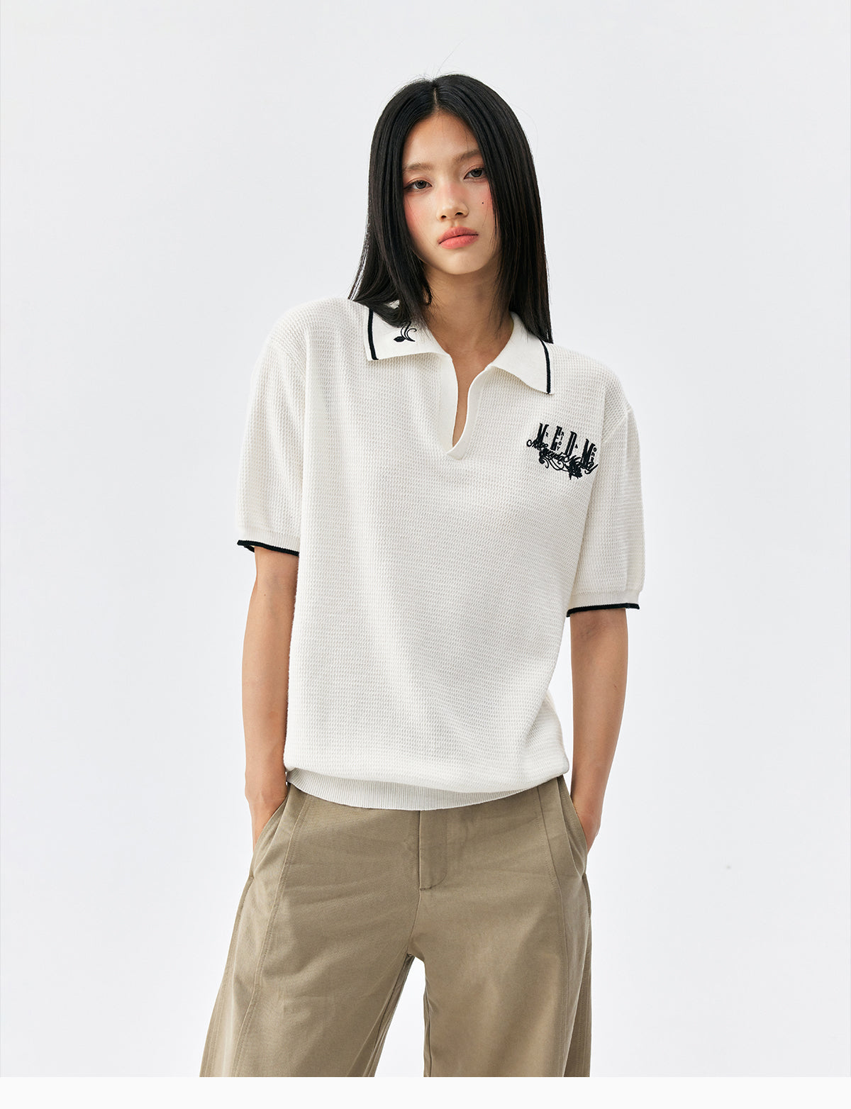 MEDM Rose Embroidered Waffle Knit Polo