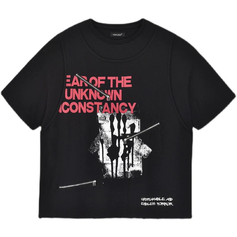 VENTUREK Double Layer Multi Zipper Destroyed Punk Rock Print Tee
