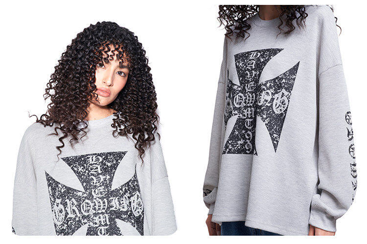F3F Select Vintage Cross Print Waffle Long Sleeve Tee