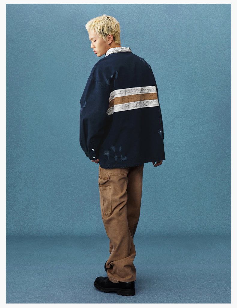 MEDM Asymmetric Collar Stripes Long Sleeve Polo