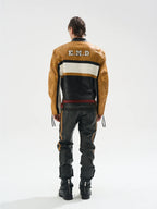 BLIND NO PLAN Color Block Short Racing Leather Jacket