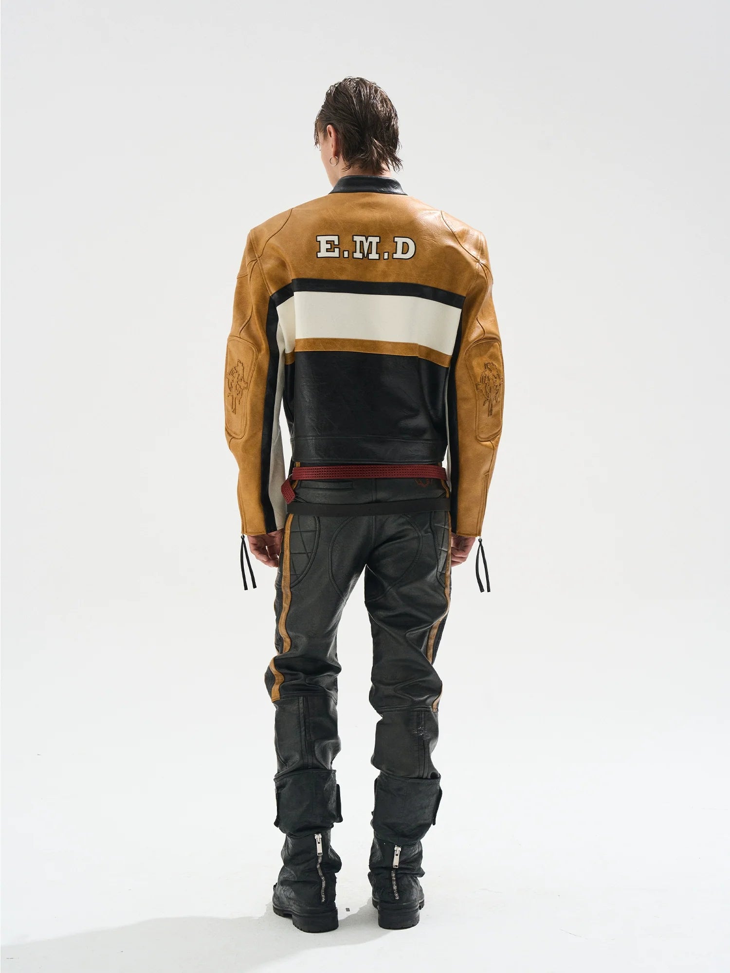 BLIND NO PLAN Color Block Short Racing Leather Jacket