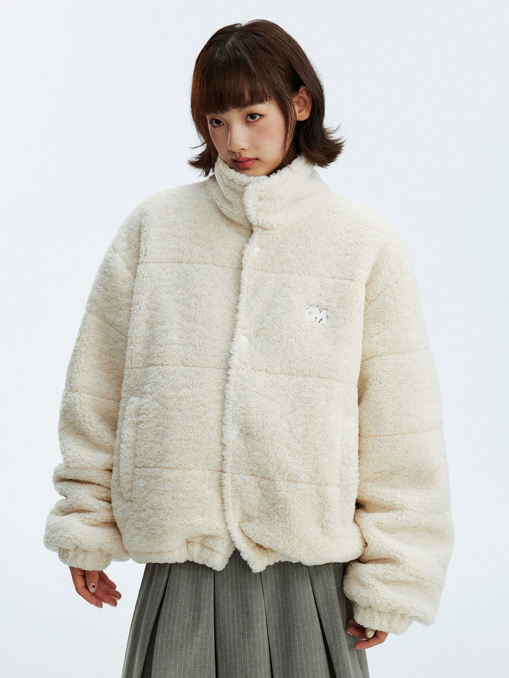 MEDM Plaid Trim Sherpa Short Jacket