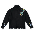 MEDM Frayed Hem Floral Embroidered Knit Cardigan