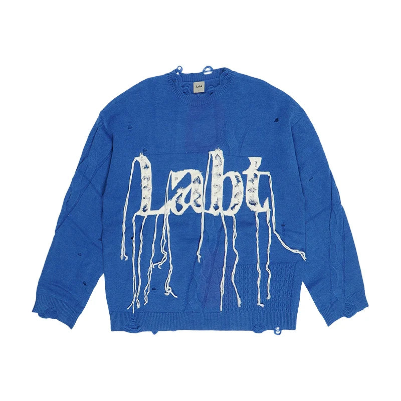 Labt Fringe Lanyard Logo Distressed Knit Sweater