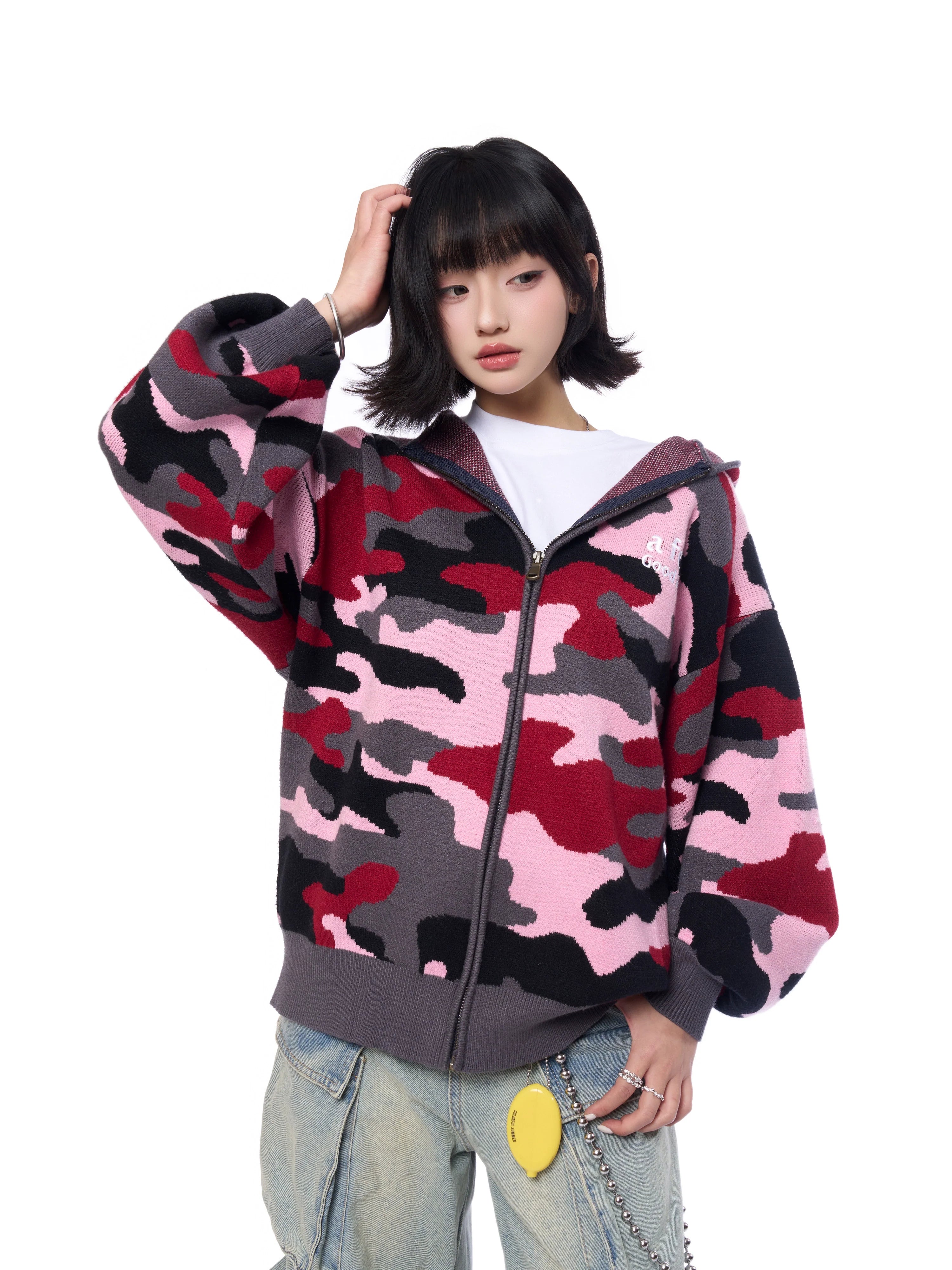 AFGK Pink Camouflage Zip-Up Knit Hoodie
