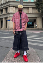 STEEPC Plaid Boxy Wide Short Sleeve Shirt