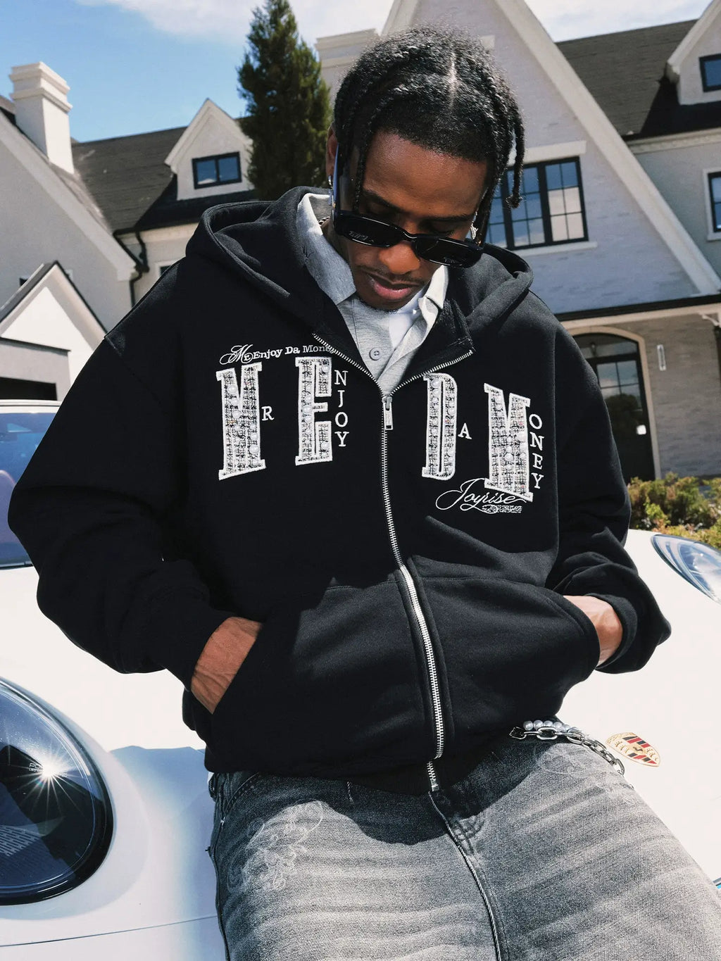 MEDM Pearl Logo Embellished Zip Up Hoodie