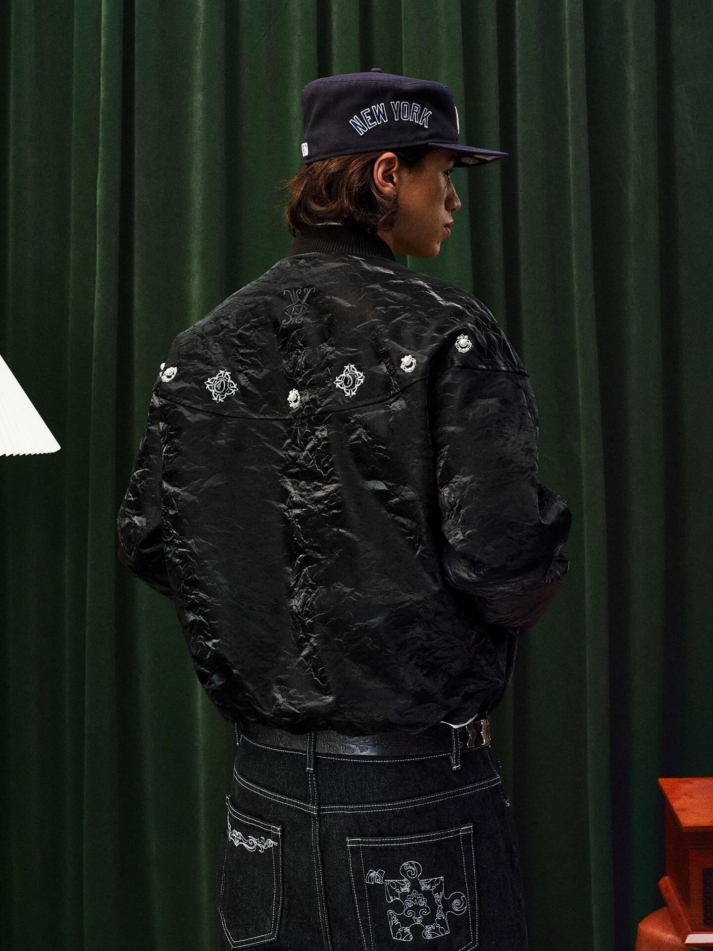 YADcrew Velvet PU Leather Pearl Jewelry Bomber Jacket
