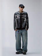F2CE Striped Panel PU Leather Racing Jacket