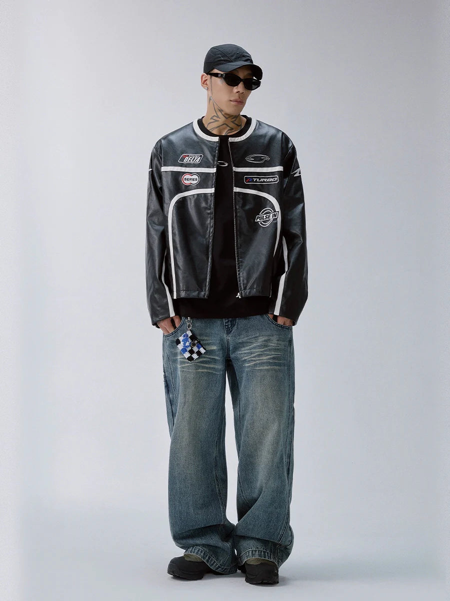 F2CE Striped Panel PU Leather Racing Jacket