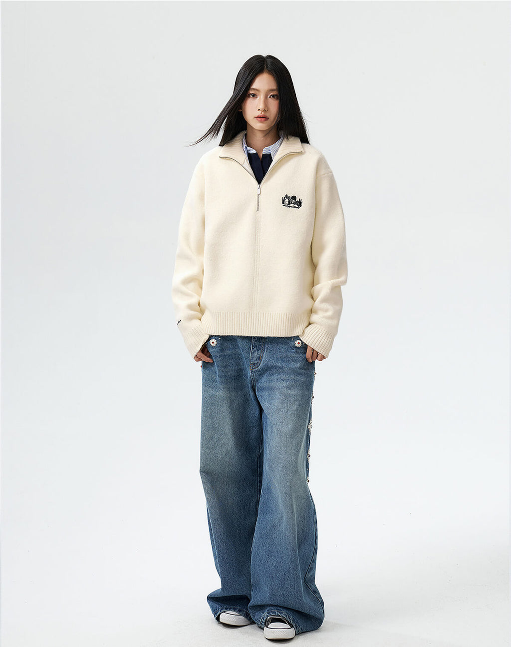 MEDM Rose Embroidered Half Zip Knit Sweater