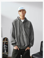 MEDM Suede Logo Patch Zip-Up Hoodie
