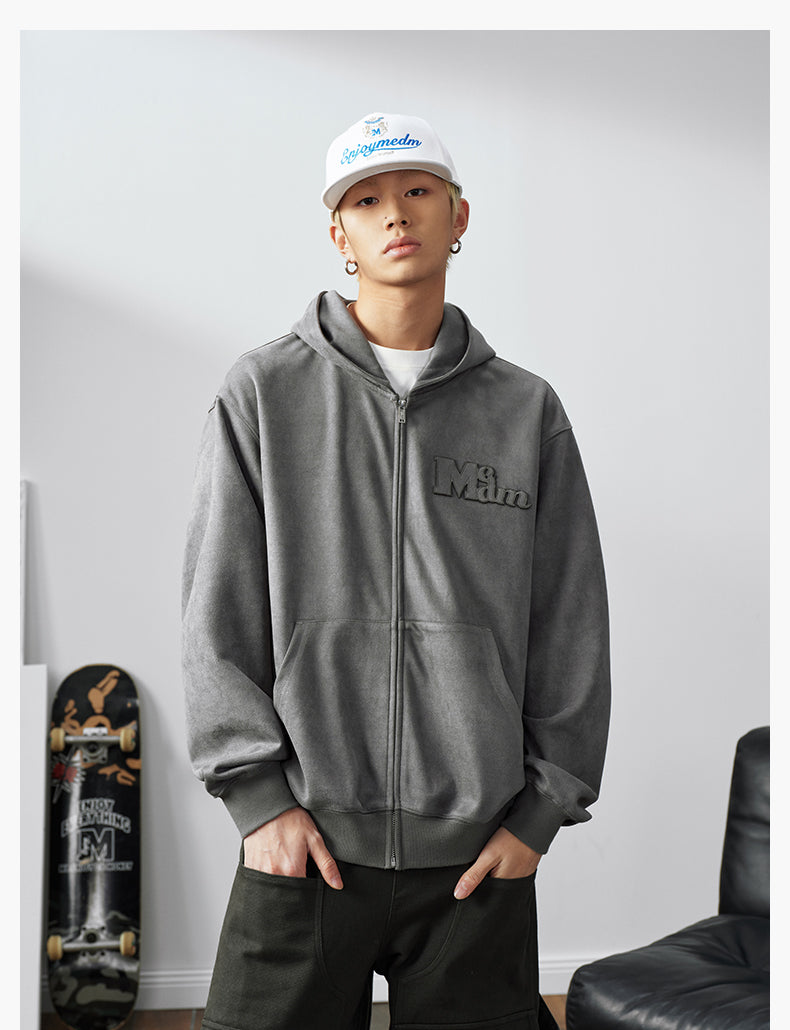 MEDM Suede Logo Patch Zip-Up Hoodie
