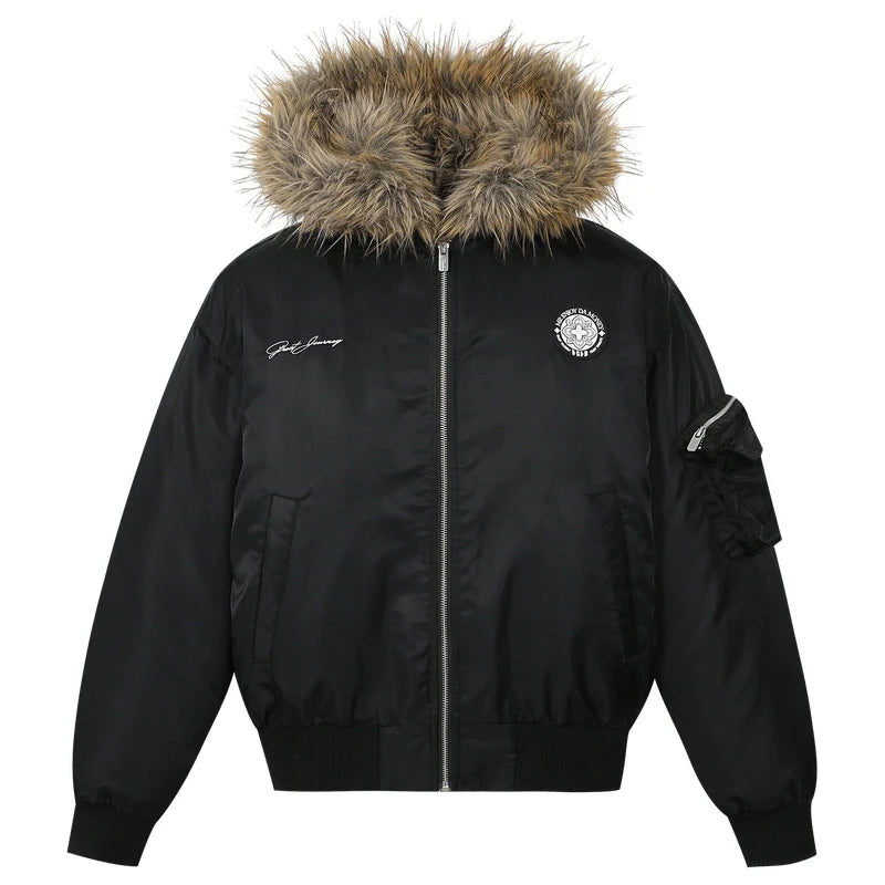 MEDM Silicone Logo Patch Fur Hooded Bomber Jacket