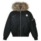 MEDM Silicone Logo Patch Fur Hooded Bomber Jacket