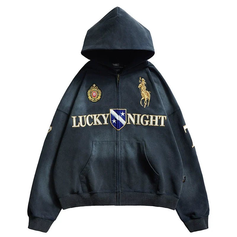 Remedy Washed Patch Embroidered Zip Up Hoodie