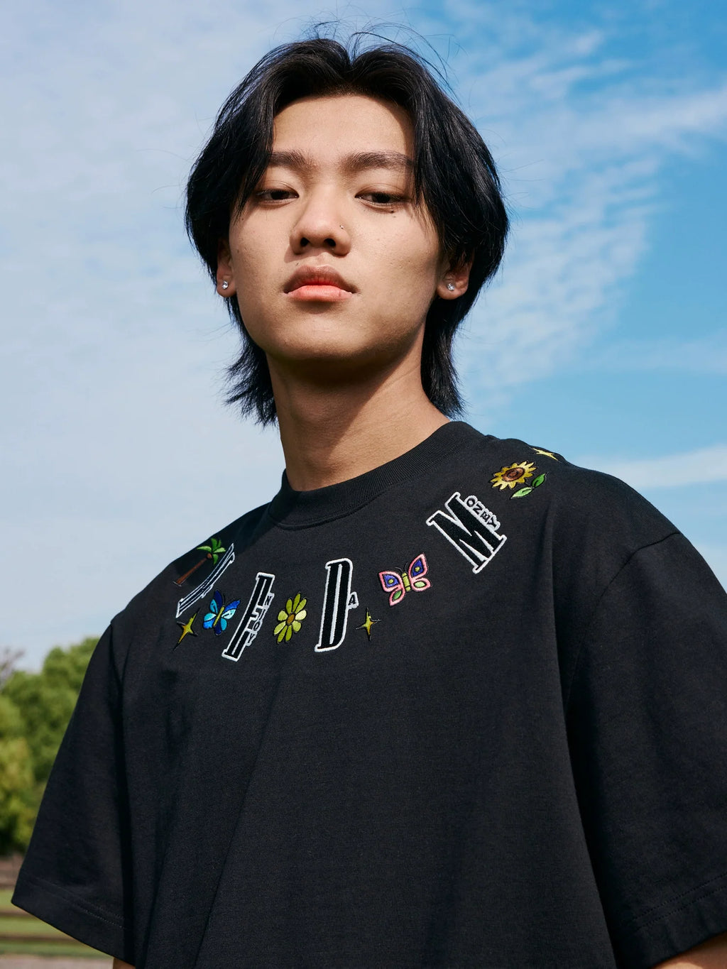 MEDM Butterfly Embroidered Neckline Tee