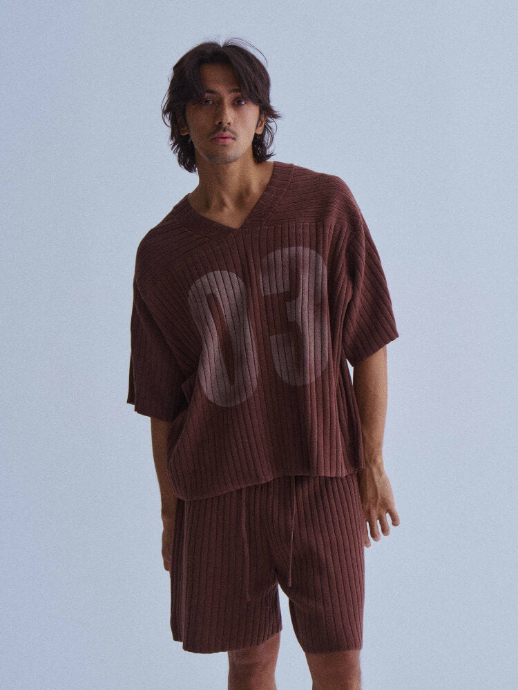 LIBERAFIT V Neck Ribbed Knit Short Sleeve Sweater